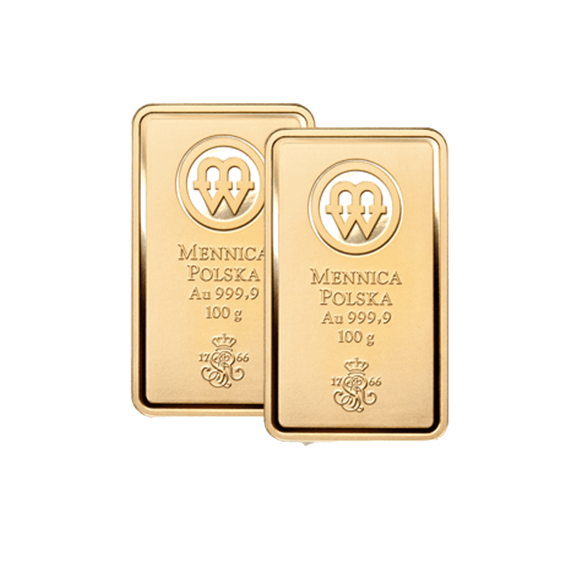 Zestaw 2 sztabek 100g Au – Sztabki złota Mennicy Polskiej